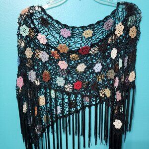 Women's Used Shawl Black with Knit Flowers